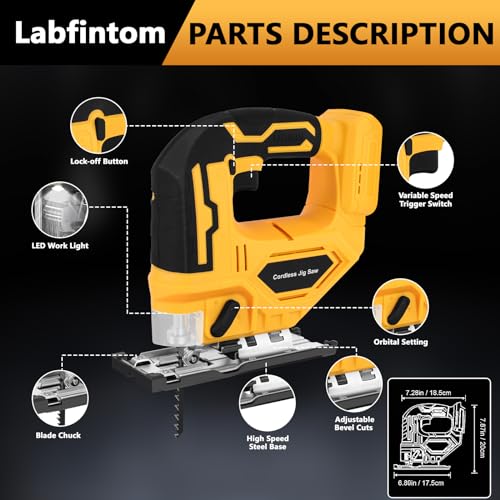 Jig Saw Compatible with Dewalt 20V Max Battery, Cordless Jigsaw Tool Brushless Motor, Up to 2900 RPM, 45 Degree Beveled Cuts, LED Light for 4 Curve Cuttings, Plastic Box (No Battery)