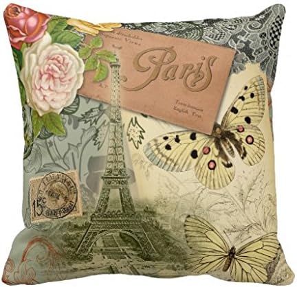 Vintage Eiffel Tower Paris France Travel collage Throw Pillows Case Square Canvas Accent Throw Cushion Cover Unknown Binding