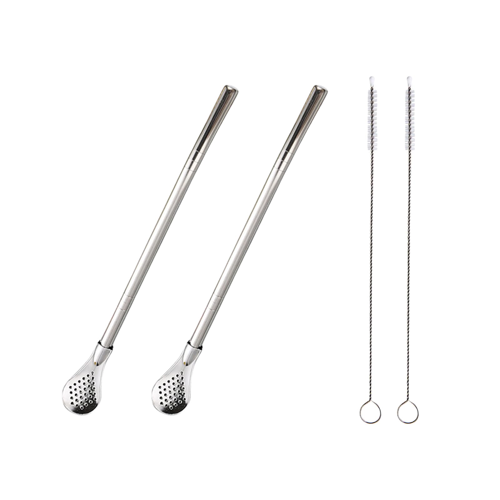 2 Pieces Stainless Steel Straw Spoon Filter with 2 Cleaning Brush, Reusable Tea Spoon for Loose Tea, Yerba Mate Straw, Metal Drinking Straws, Coffee Stirrers for Drinks Milk Beverage (Silver)