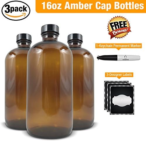 Empty Amber Glass Bottle-Large 16 oz Refillable Container for Storing Chemicals, Shampoo, Conditioners, Soaps, Cleaning Products, Essential Oils, and Aromatherapy-Black Caps-3 Pack Bonus Free Extras