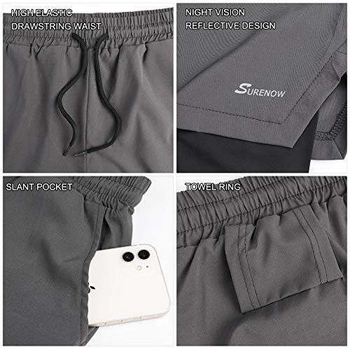 Surenow Mens 2 in 1 Running Shorts Quick Dry Athletic Shorts with Liner