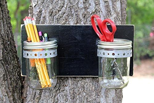 Double Mason Jar Wall Sconce Organizer – Black Distress Bathroom Organizer, Tool Organizer, Office Organizer, Herb Garden
