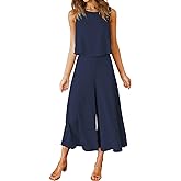 ROYLAMP Women's Summer 2 Piece Outfits Round Neck Crop Basic Top Cropped Wide Leg Pants Set Jumpsuits