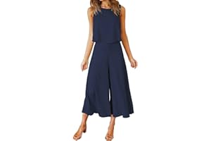ROYLAMP Women's Summer 2 Piece Outfits Round neck Crop Basic Top Cropped Wide Leg pants Set Jumpsuits