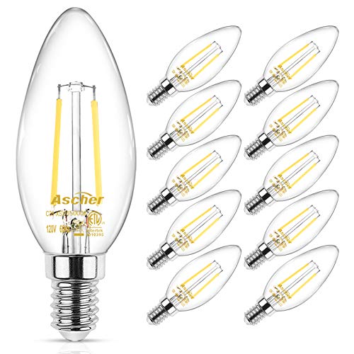 Ascher E12 LED Classic Candelabra Clear Light Bulbs, Equivalent 40W, Daylight White 5000K, Filament Clear Glass, Non-Dimmable, Pack of 10