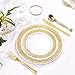 WDF 150 Gold Disposable Plates & Plastic Silverware &Plastic Cups, Lace Dinnerware : 25 Dinner Plates 10.25 inch, 25 Dessert Plates 7.5 inch, 25 Tumblers 10 oZ, 25 Forks, 25 Knives, 25 Spoons