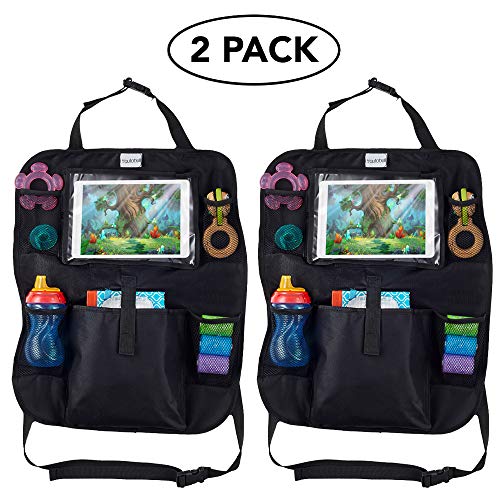 Autobull Multi-Pocket Back Seat Organizer 2-PACK with Clear iPad Tablet Pocket Kick Mat for Baby, Kids, Children and Road Trips