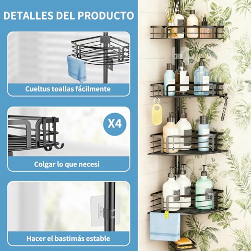 Organizador Para Baño Esquinero Regadera,Organizador de Baño Regadera Esquinero Con hebilla Ajustable 60-118 inch,con 4 estantes,1toallero y 4 ganchos,acero inoxidable,la oxidación,para cocina baño.