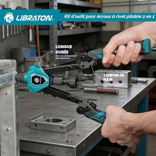 LIBRATON 2 in 1 Folding Threaded Insert Rivet Pliers, 7 Mandrels (M3-M12) & 5 Bits (2.4-6.4mm), Includes 70 Crimp Nuts and 200 Pop Rivets, Powerful Manual Tool for Auto and DIY
