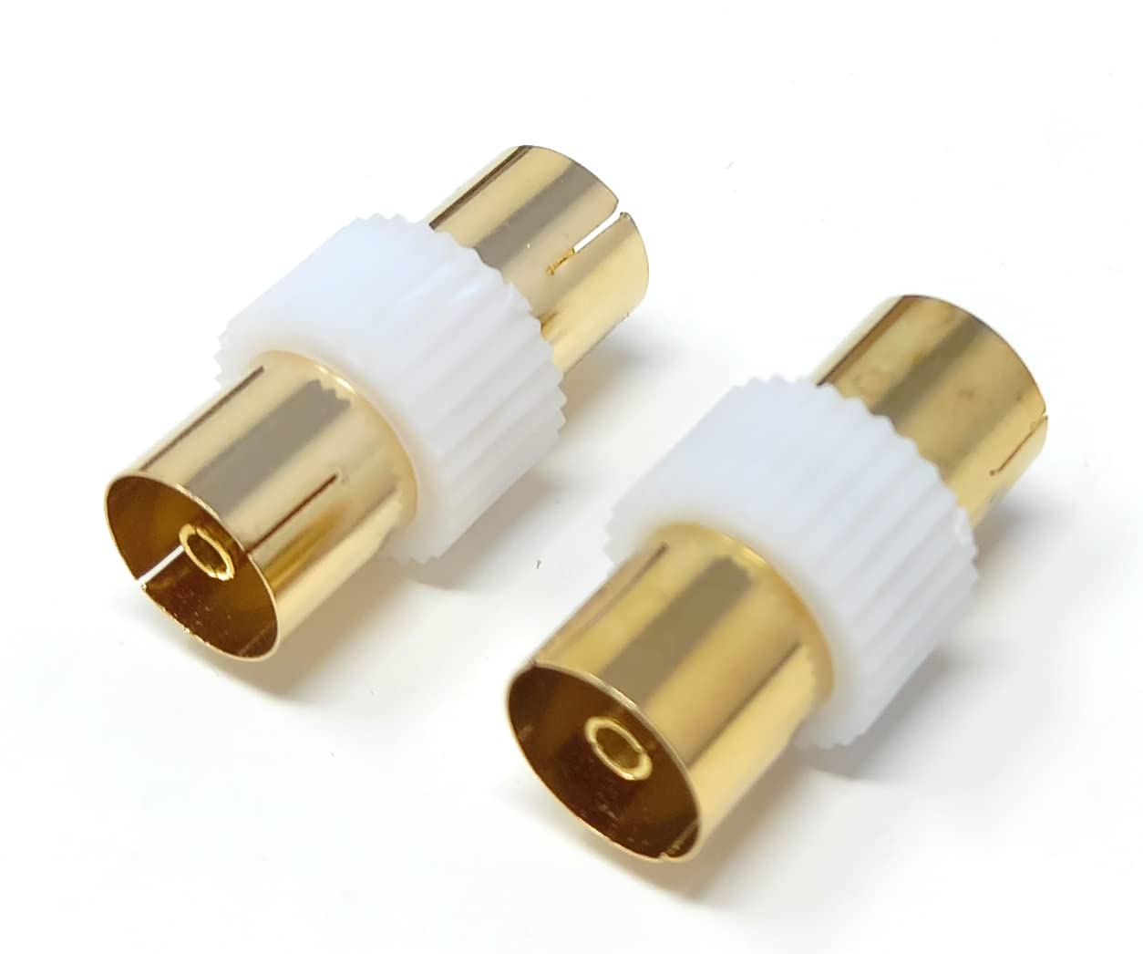 DRUT 2pcs TV Aerial RF Lead Coupler Female to Female Socket Coaxial Connector, Coaxial Cable Adapter, Gender Changer (White Gold)