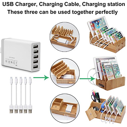 BEEBO BEABO Large Bamboo Multi Devices Charging Station Dock Organizer Desk Docking Rack Station Storage Container for Watch Phone Tablet(7-Slot Natural Bamboo)