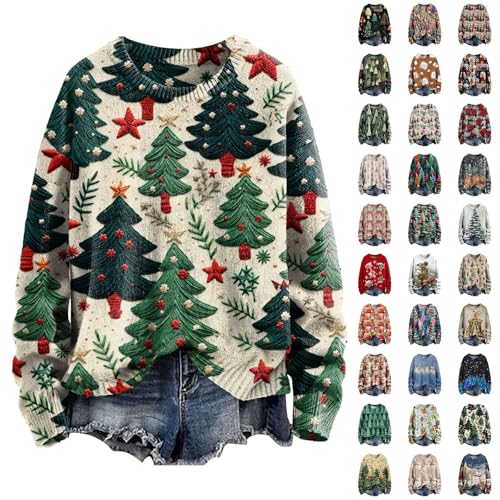 Christmas Tops For Women Uk Fashion Print Sweatshirts Casual Tops Plus Size Long Sleeve Knit Sweater Crewneck Oversized Sweatshirt Ladies Xmas Pullover For Holiday Clothing Ag 3Xl