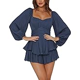 LYANER Women's Jumpsuit Lantern Long Sleeve Ruffle Layer Tie Mini Short Romper