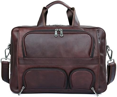 Acecle Men's Briefcase Laptop Bag 15.6 16 17 17.3 Inch Cowhide Full Grain Leather Vintage Handcrafted Multifunction All-in-one Business Handbag Messenger Shoulder Tote Bag