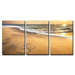 3 Piece Canvas Wall Art - Om Symbol on The Sand at The Beach Near The Ocean - Modern Home Art Stretched and Framed Ready to Hang - 16"x24"x3 Panels
