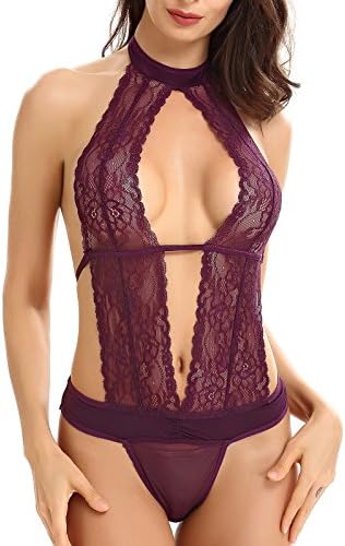 Lynmiss Women Sexy Lingerie Lace Halter One Piece Teddy Babydoll Bodysuit, S-Purple