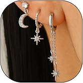 3Pcs Gold Stacks Hoop Earrings Set for Women,Moon Star Crystal Cartilage Earrings Pack,Silver Dainty Rhinestone Chain Tassel Huggie Dangle Jewelry