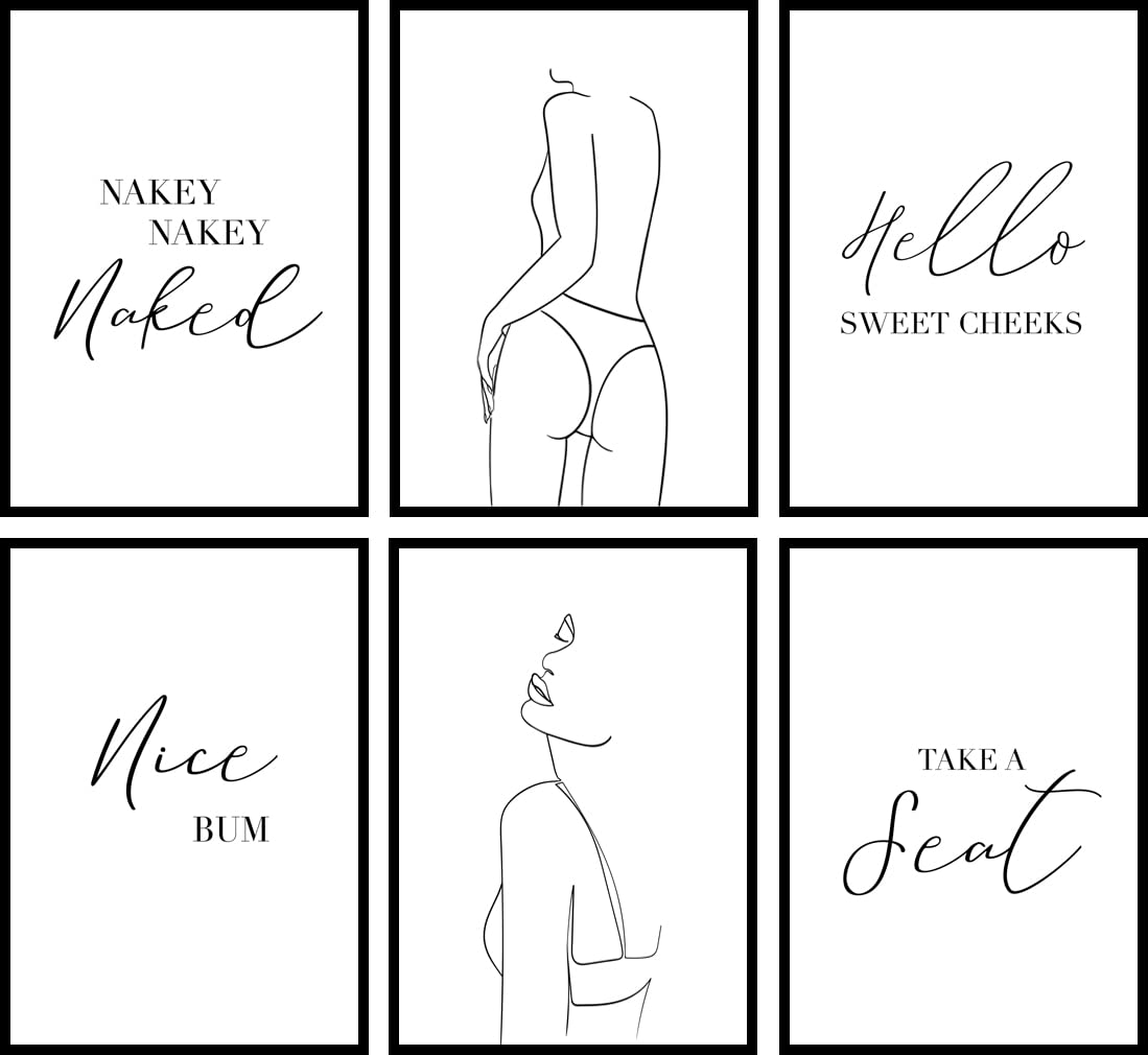 Bathroom Prints Home Print, Toilet Humour, Typography, One Line Art, Toilet Prints,Minimalist Style Wall Funny Art Poster,Home Pictures Print, Black and White Bathroom, Set Of 6 Frames Not Include