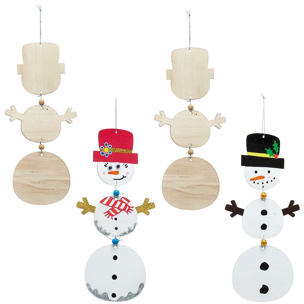 Baker Ross FX291 Snowman Wooden Spinning Decoration Kits - Pack of 4, Kids Christmas Decorations Craft Kit, Wood Arts and Crafts, Silver