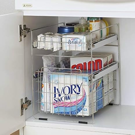 Amazon ステンレス洗面台下ラック シンク下収納 洗面台下収納 洗面所収納 洗面台ラック ステンレスラック 浅1深1段 18 8ステンレス製 スライド棚 浴室用ラック ホーム キッチン オンライン通販