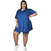 Tycorwd Women's Plus Size Two Piece Outfits Loungewear Sets Summer Oversized Tshirts Shorts Sweatsuits Sets Blue1 5XL