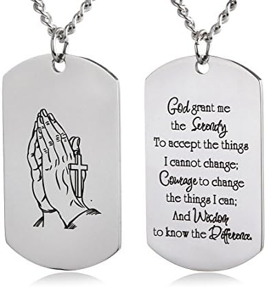 ZJFHTD Serenity Prayer Cross Dog Tags Pendant Recovery Necklace Religious Military Stainless Jewelry-C7