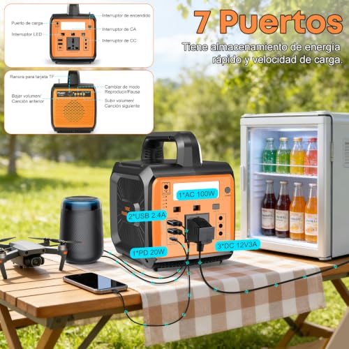 Banco de Energía Portátil, Bateria de Emergencia para Casa con Iluminación LED y Reproductor de Música,Cargador Multipuerto-3 DC, 1PD 2 USB y 1 AC, Estacion de Energia para Exteriores Campamento