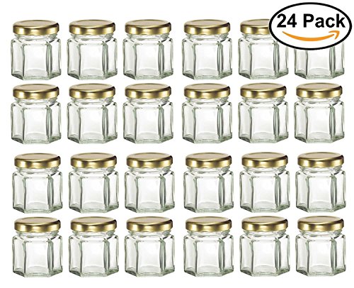 GYBest LJP 24 Pack 1.5 Ounce Hexagon Glass Jars with Gold Plastisol Lined Lids for Jam, Honey, Wedding Favors, Shower Favors, Baby Foods, DIY Magnetic Spice Jars