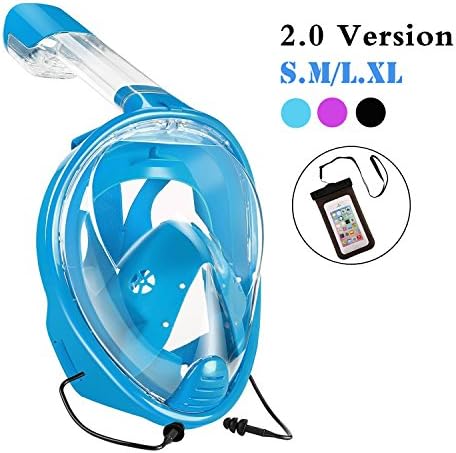 YouVogue 180°Panoramic Full Face Snorkel Mask -Larger Viewing Area Free Breath Technology with Anti-fog and Anti-leak Snorkeling Design for Adults,Youth ,Kids,Men, Women (Blue, Smal)