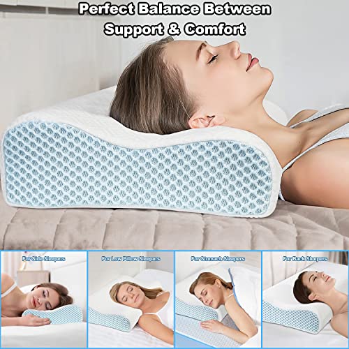PKBD Memory Foam Pillow with Replacement Pillowcase(Cooling Ice Silk&Cotton),Neck/Shoulder Pain Relief,Ergonomic Orthopedic Cervical Pillow,Neck Contoured Bed Pillow for Side,Back,Stomach Sleepers