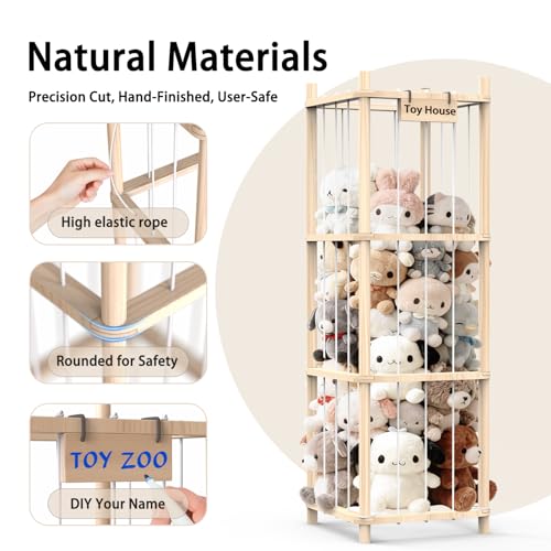 Stuffed Animal Organizer with Elastic Band, Zoo Plush Toy Storage Holder for Nursery, Toddler Room, Playroom, Bedroom, Wooden 40 * 40 * 136Cm