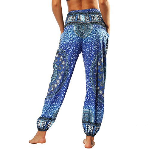 Nuofengkudu-Dame-Hippie-Hose-Pumphose-Haremshose-Boho-Gemustert-Gesmockte-Taille-mit-Taschen-Freizeithose-Sommerhose-Yogahose
