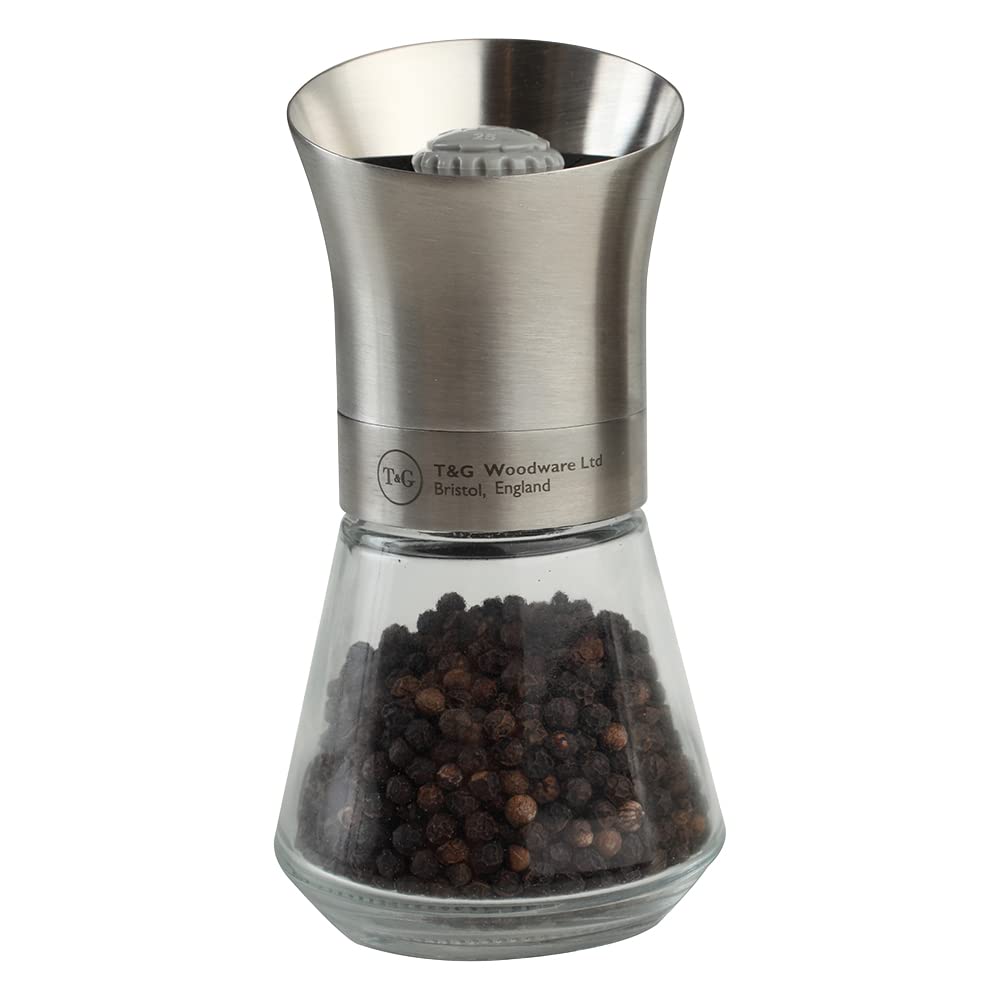 T&G CrushGrind Tip Top Pepper | Peppercorn Mill with Glass Base, 12.5cm, Stainless Steel | Gourmet Fully Adjustable Ceramic Manual Grinder | Shaker | Coarse & Fine | Easy Fill