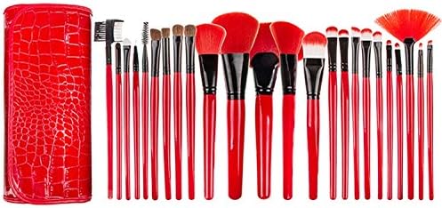 Amoroam 24 Pieces Makeup Brushes Set for Face and Eye Blending Shading Contouring Highlighting Powder Liquid Cream Cosmetic Tools Eyeliner Eyeshadow Brow Concealer Foundation Blush Lip Brushes (Red)
