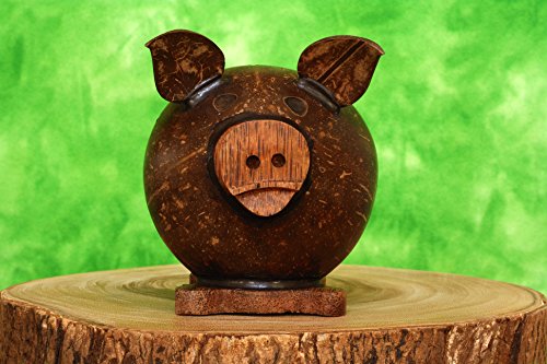 Unique Handmade Coconut Shell Wood Pig Coin Piggy Bank Handcrafted