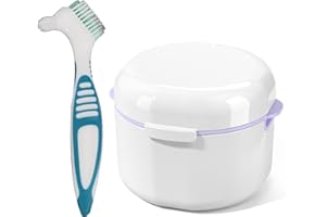 Howinn Denture Bath Case Cup Box Holder Storage Container with Denture Cleaner Brush Strainer Basket for Travel Cleaning