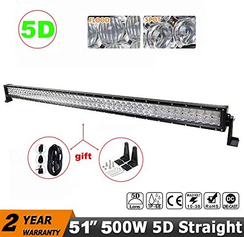 Yamaige 51" 500W 5D Lens CREE LED Light Bar Flood Spot Combo Work Light Driving Lights Fog Lamp Offroad Lighting for SUV Ute ATV Truck 4x4 Boat with Mounting Brackets Wiring Harness,2 Years Warranty