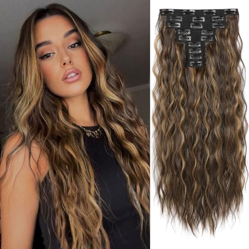 Photo 1 of REECHO 9PCS Clip in Hair Extensions, 24" Thick Long Mini Mermaid Wave Luxurious Lightweight Japanese Technology HYOUITSU Fiber Invisible Soft Lace Weft - HE009 Dark Brown with Highlights