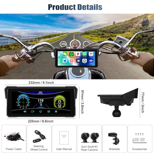 CAMECHO Motorcycle Screen 8.1 Inch HD Dash Cam Dual Camera AV/AR, CarPlay & Android Auto Wireless, IP68, Bluetooth | Universal DVR Monitor with EQ Adjustment for Motorcycles