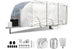 Smikodo Travel Trailer RV Cover,300D RV Cover 24-27 ft Travel Trailer RV Cover Windproof Waterproof Rip-Stop Camper Cover with Jack Cover 4 Tire Covers and Gutter Covers,Utility Trailer Cover Silver
