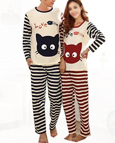Km Couples Cat Love Fish Korean Style Cotton Leisure Pullover Pajamas Set (Female M)