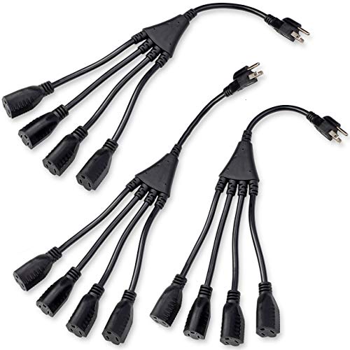 ClearMax 3 Prong 1-to-4 Power Cord Splitter Cable - Power Extension Cord - Cable Strip Outlet Saver - 16AWG - UL Approved - 18" Inches (3 Pack | Black