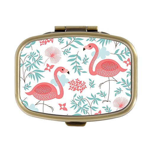 A Pink Flamingo Custom Fashion Bronze Tone Rectangular Pill Box Medicine Tablet Holder Wallet Organizer Case for Pocket or Purse