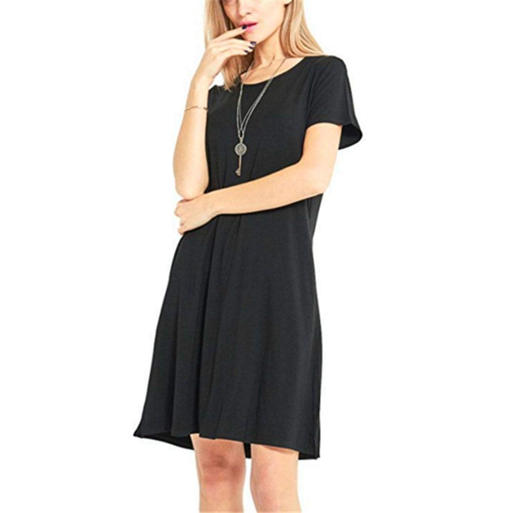 Zippem Women Casual O-Neck Short Sleeve Solid Mini Dress Dresses Black