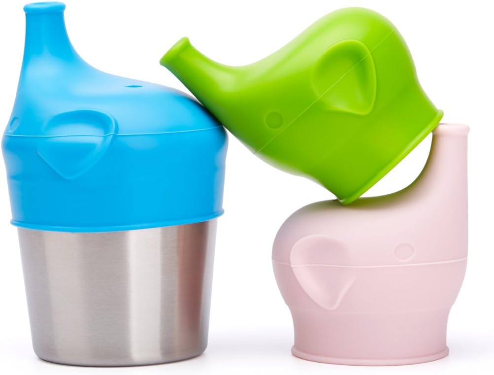 BBBiteme Baby Sippy Cup Lids - Spill Proof BPA Free Elephant Baby Universal Sipper Silicone Toddlers Sippy Lids Fit Any Cups(3 Replacement Silicone lids and 1 Stainless Steel Cup)