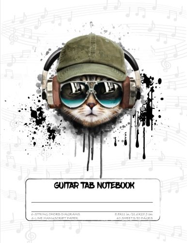 Guitar Tab Notebook: 6-String Guitar Chord and Tablature Staff Manuscript Paper for Musicians Teachers & Students: Large 8.5"x11" - 80 Pages - Cool Cat Headphones (White)