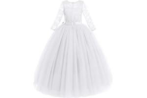 IWEMEK Flower Girls Long Lace Bridesmaid Dress 3/4 Sleeves Floor Length Wedding Party Evening Formal Pegeant Maxi Tulle Ball Gowns