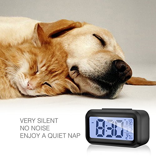 Alarm Clock Digital LCD Large Display Battery Operated Portable Modern Smart Snooze Silent Backlight Senor Date Time Temperature Clock for Heavy Sleepers Bedroom Kitchen Office Travel (black) - Thumbnail 4