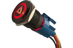 ESUPPORT 12V Car Vehicle Red LED Light Hazard Emergency Warning Push Button Metal Toggle Switch Socket Plug Wire Latching 19mm Balck Shell