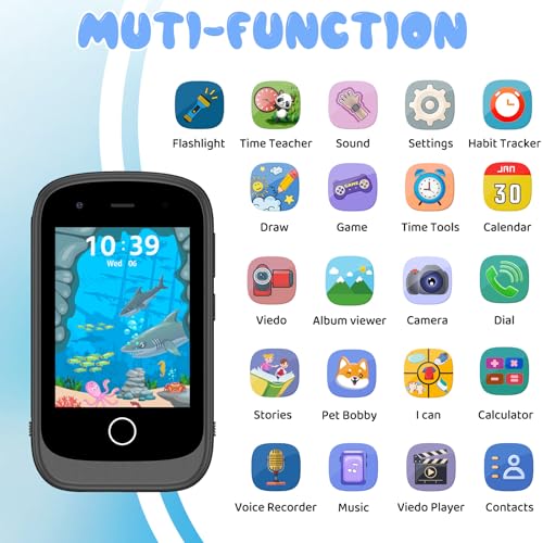 PTHTECHUS Smartphone for Children, Mobile Phone Toy Fairy Tales Audiobooks Telephone Console Portable Educational Electronic Toys, Birthday Gift for Children, Black